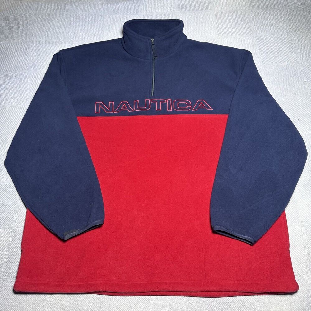 Vintage Nautica Spellout Two Tone 1/4 Zip Pullover Fleece USA Made Men's Sz 2XL